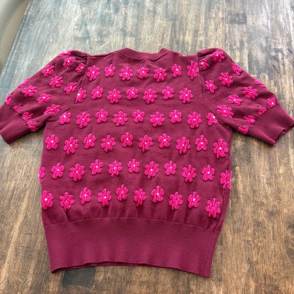 KATE SPADE Burgundy Pink Marker Floral Short Sleeve Sweater. Excellent condition - Picture 6 of 9